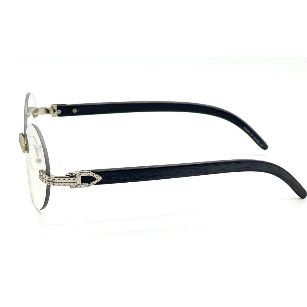 Rimless Round Sunglasses Silver Clear Lens Gold Accents Wood Arms Fashion Gafas‎